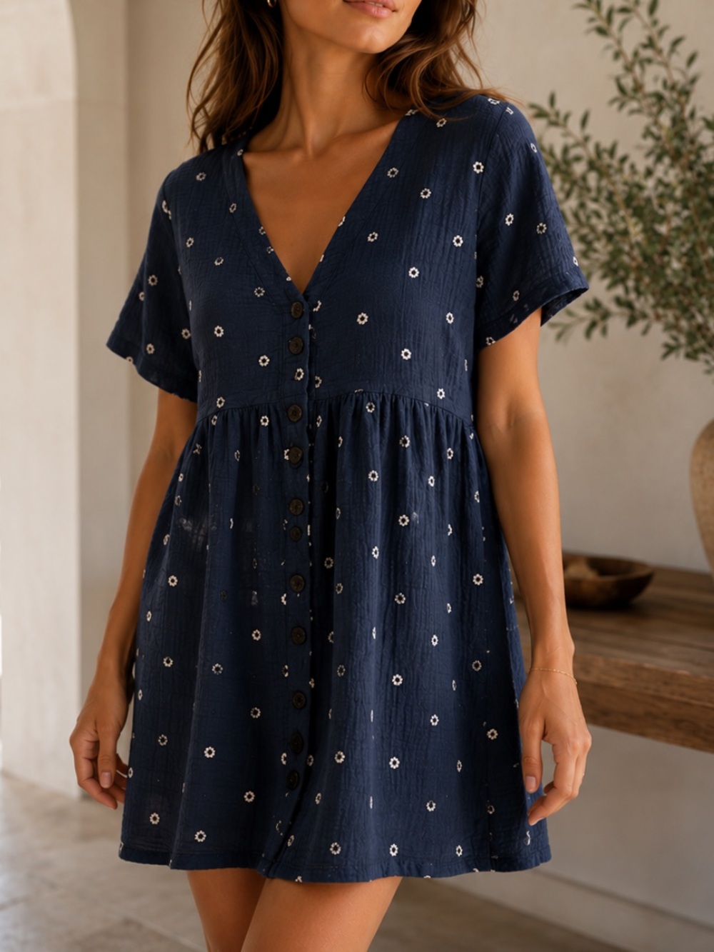 Madewell 100% Cotton Navy Button-Front Short Sleeve Dress White Daisy Dots M